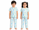 Kids White Dino Print 2 Piece Suit – Soft Breathable Jersey T-Shirt & Pajama Set