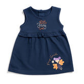 Navy blue dress with fairy design and text on a white background
