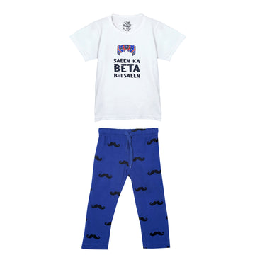 Boys' Saeen Ka Beta Bhi Saeen White and Navy Mustache Print T-Shirt & Trouser Set
