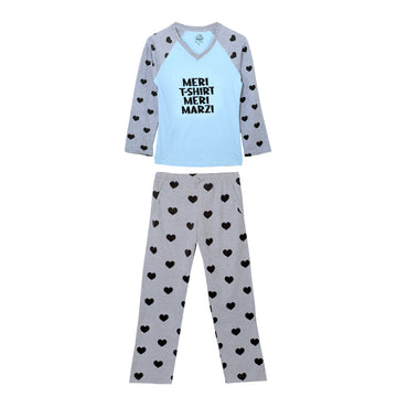 Women's Meri T-Shirt Meri Marzi Light Blue and Grey Heart Print T-Shirt & Trouser Set