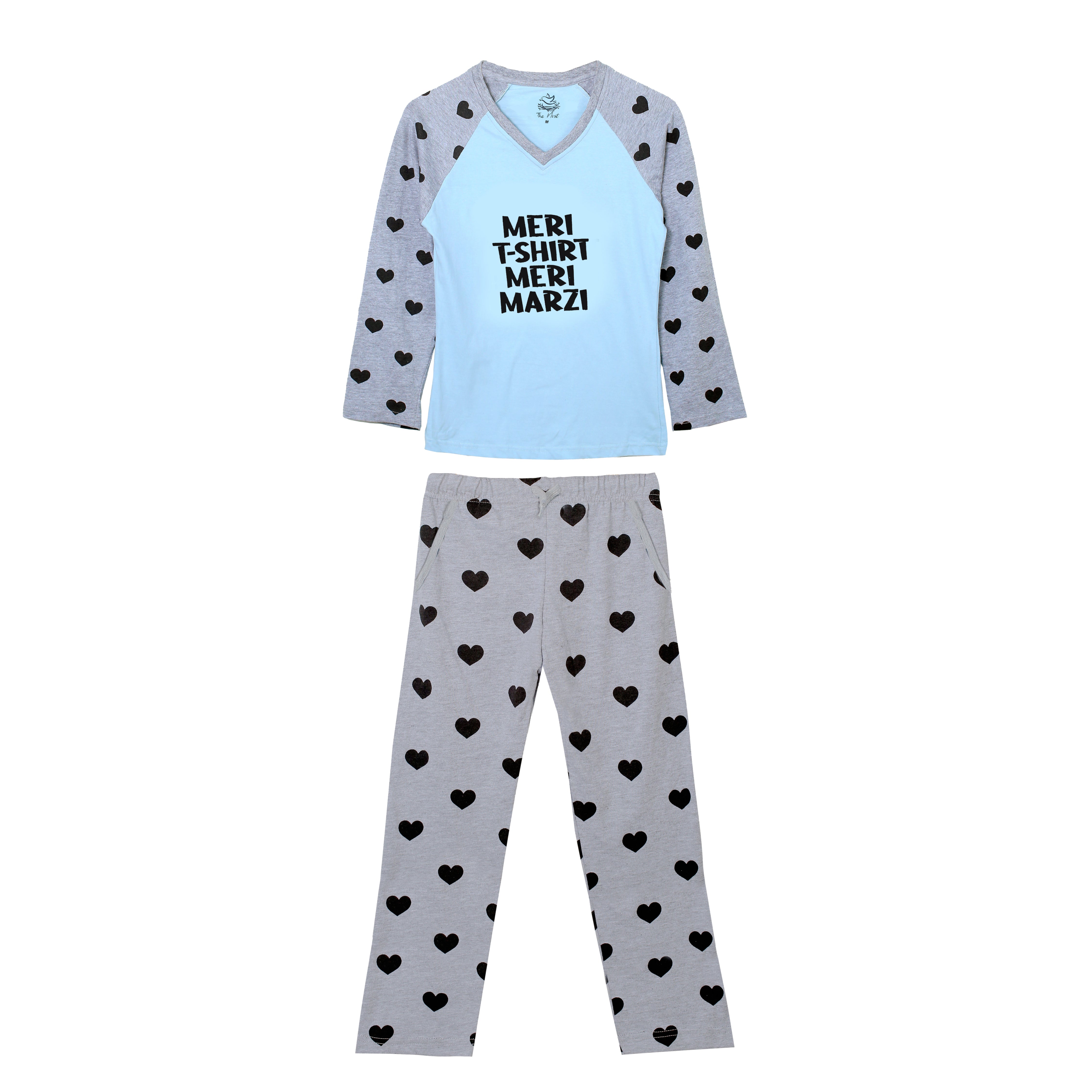 Women's Meri T-Shirt Meri Marzi Light Blue and Grey Heart Print T-Shirt & Trouser Set