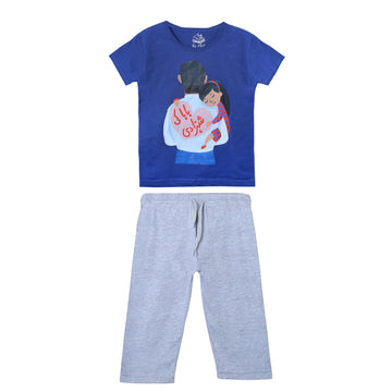 Girls' Baba and Mama Navy and Grey Urdu Scribble and Animation "BABA KI JAAN" Print T-Shirt & Pajama Set