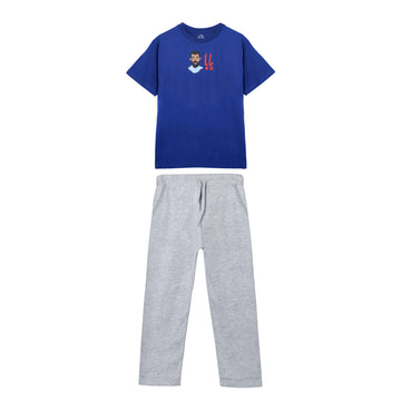 Men's Baba and Mama Blue Navy and Grey Urdu Scribble and Animation Print T-Shirt & Trouser Set