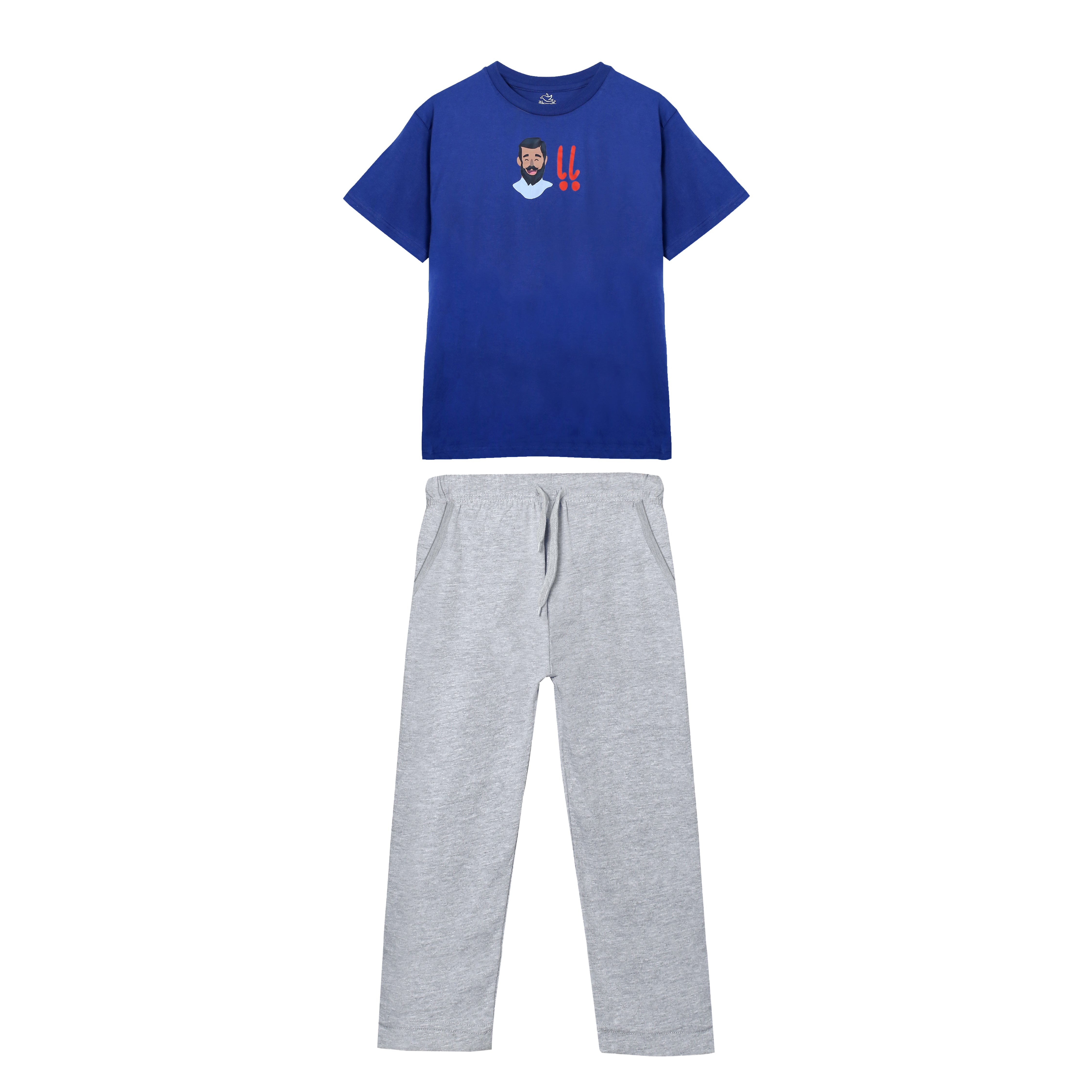 Men's Baba and Mama Blue Navy and Grey Urdu Scribble and Animation Print T-Shirt & Trouser Set