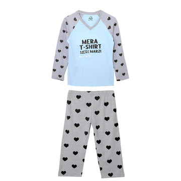 Girls' Mera T-Shirt Meri Marzi (Mama Ki) Light Blue and Grey Heart Print T-Shirt & Trouser Set