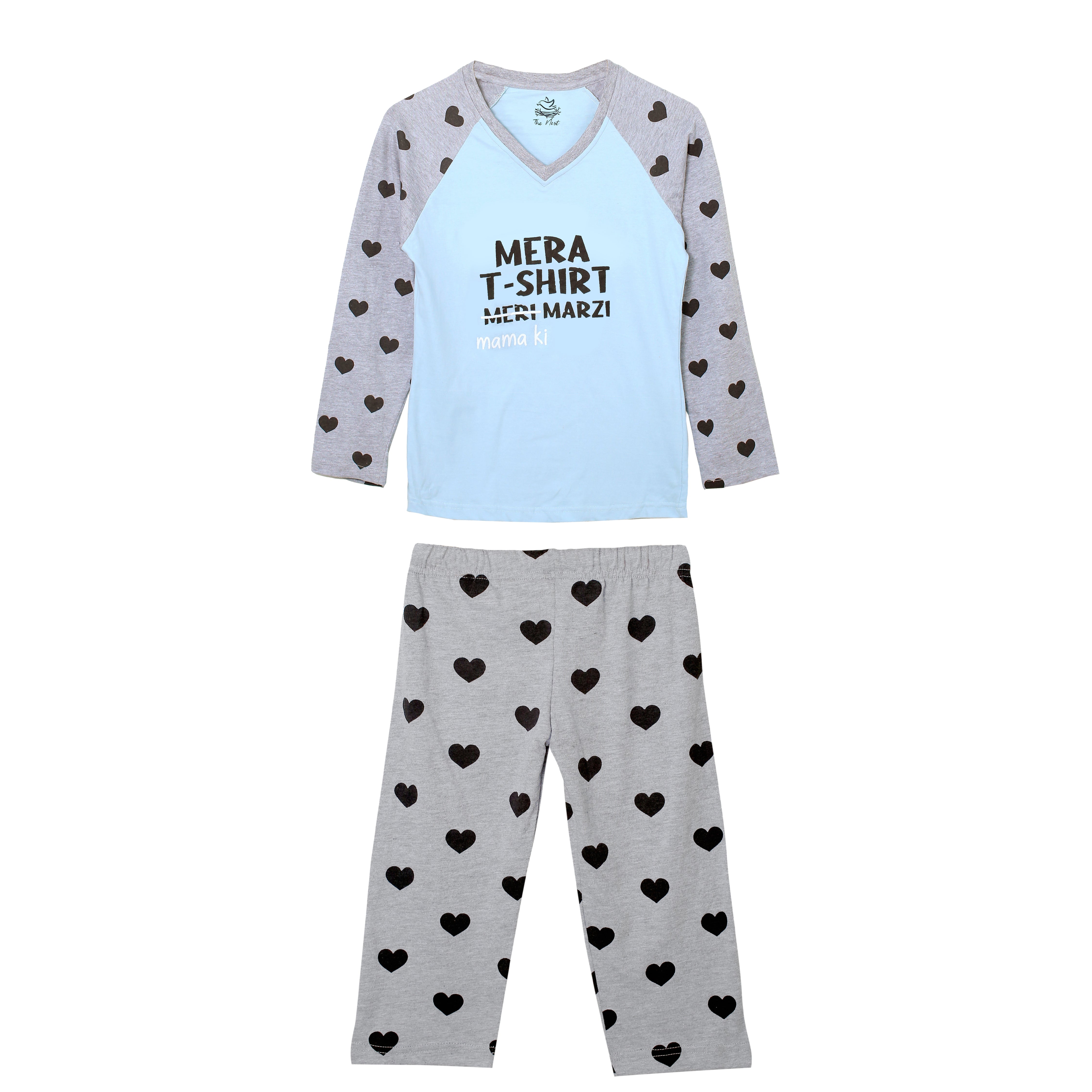 Girls' Mera T-Shirt Meri Marzi (Mama Ki) Light Blue and Grey Heart Print T-Shirt & Trouser Set