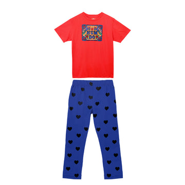 Women Hum Do Red and Navy Truck Art Print T-Shirt & Trouser Set