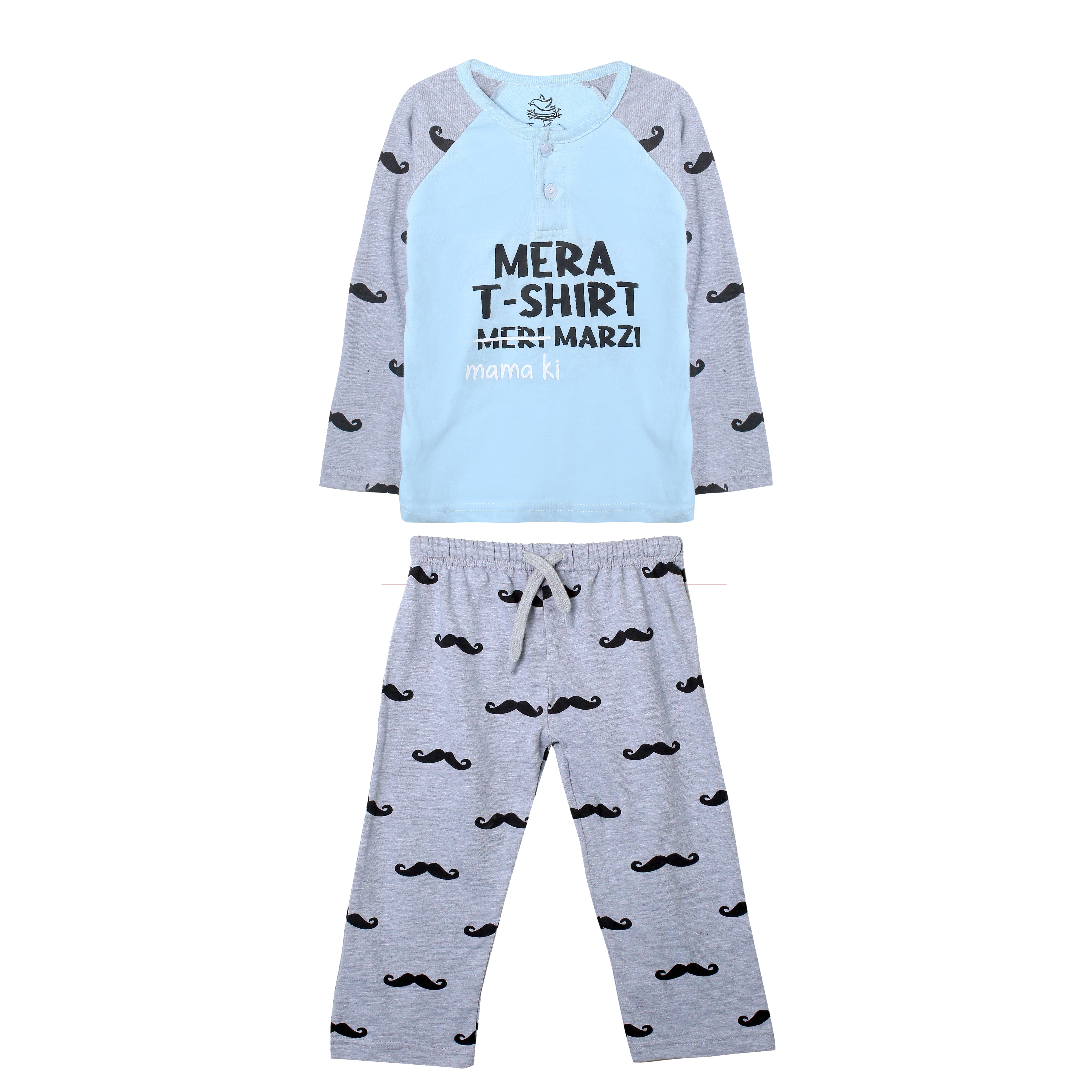 Boys' Mera T-Shirt Meri Marzi (Mama Ki) Light Blue and Grey Mustache Print T-Shirt & Trouser Set