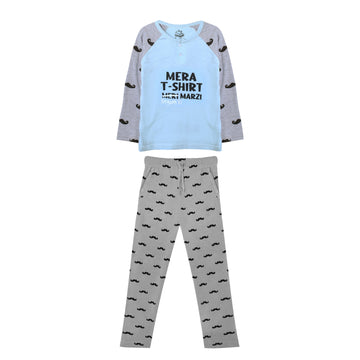 Men's Mera T-Shirt Meri Marzi (Begum Ki) Light Blue and Grey Mustache Print T-Shirt & Trouser Set