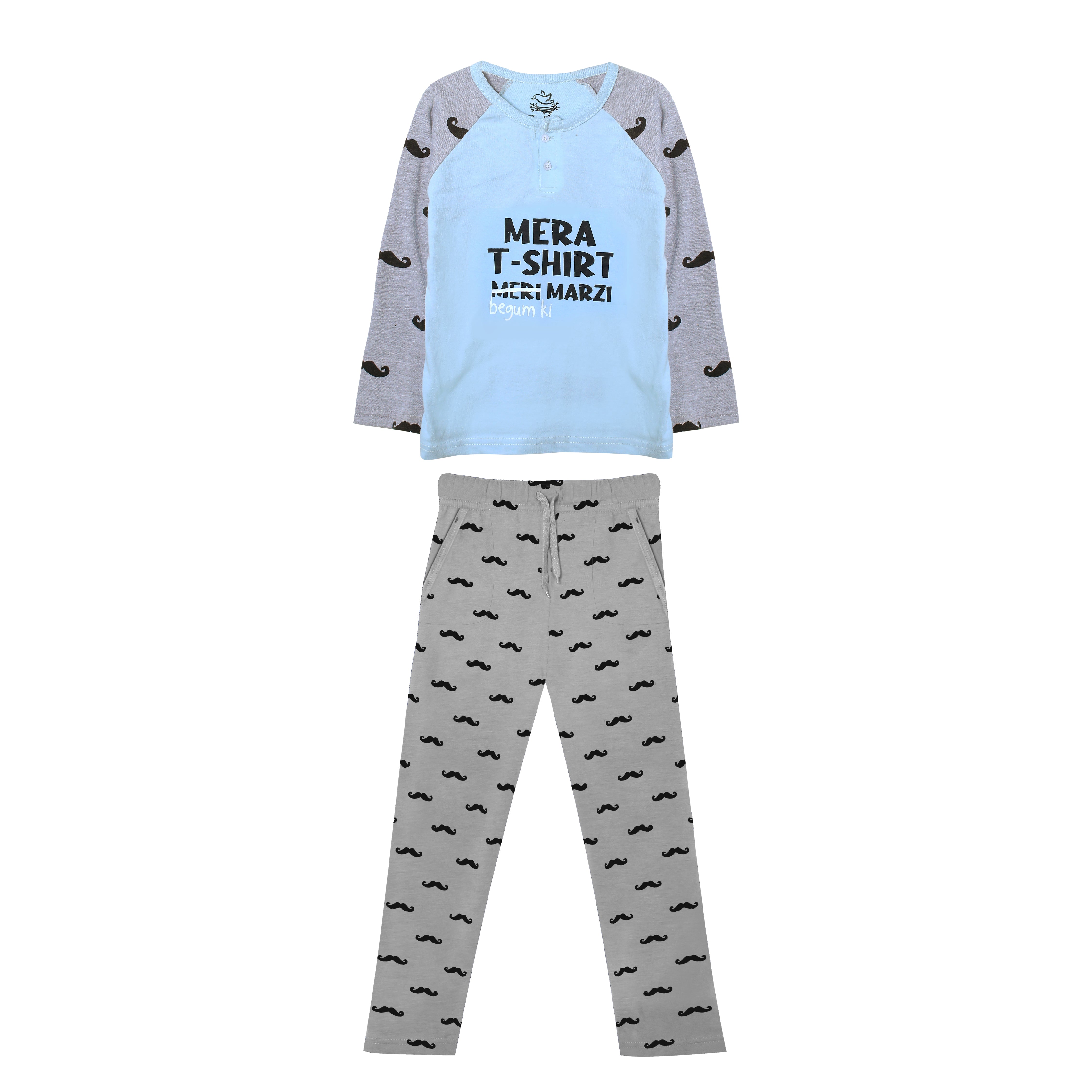 Men's Mera T-Shirt Meri Marzi (Begum Ki) Light Blue and Grey Mustache Print T-Shirt & Trouser Set