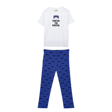 Men's Saeen Toh Saeen White and Navy Mustache Print T-Shirt & Trouser Set