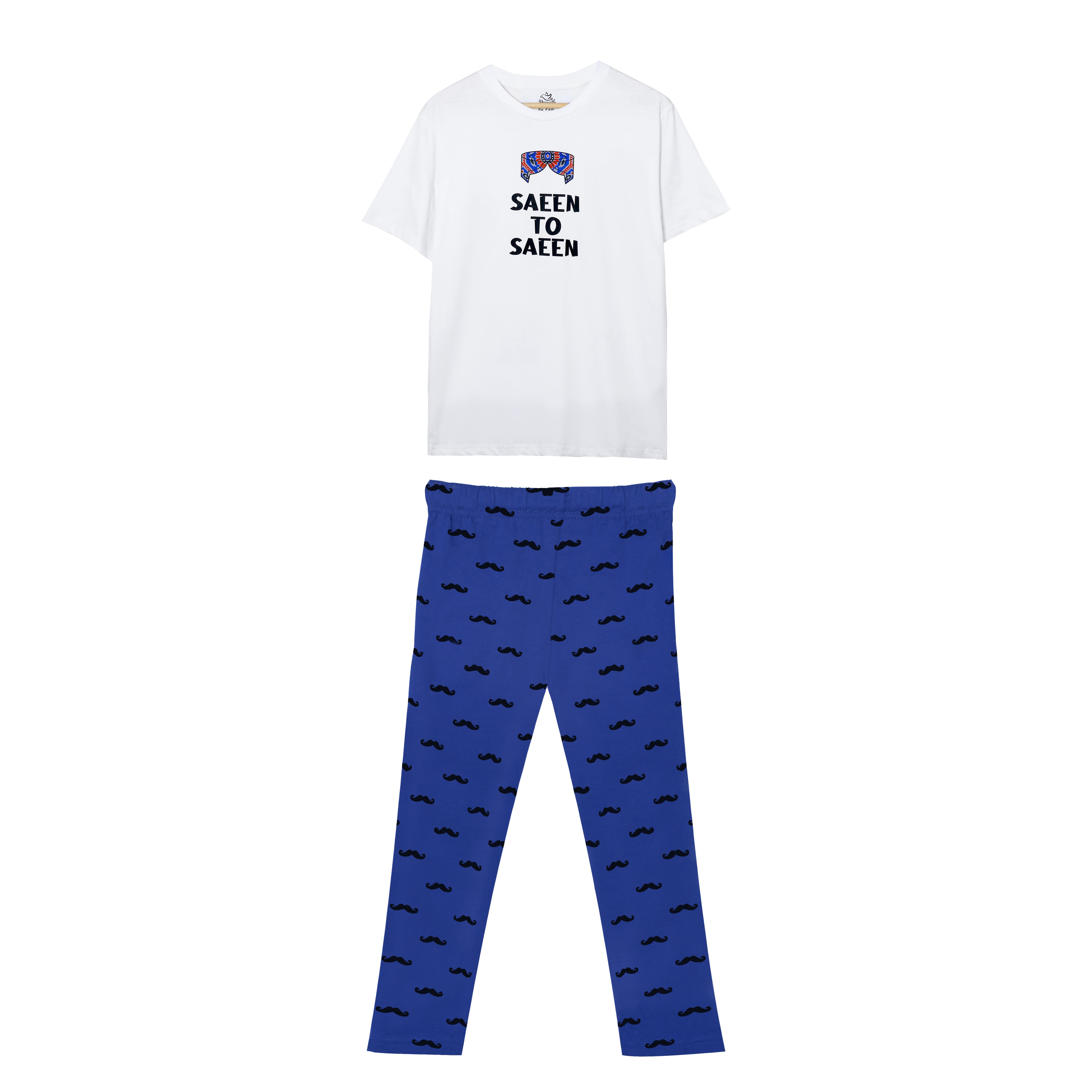 Men's Saeen Toh Saeen White and Navy Mustache Print T-Shirt & Trouser Set