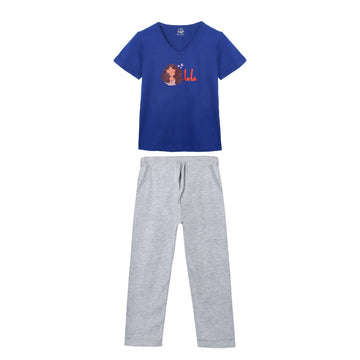 Women's Baba and Mama Navy and Grey Urdu Scribble and Animation Print T-Shirt & Trouser Set