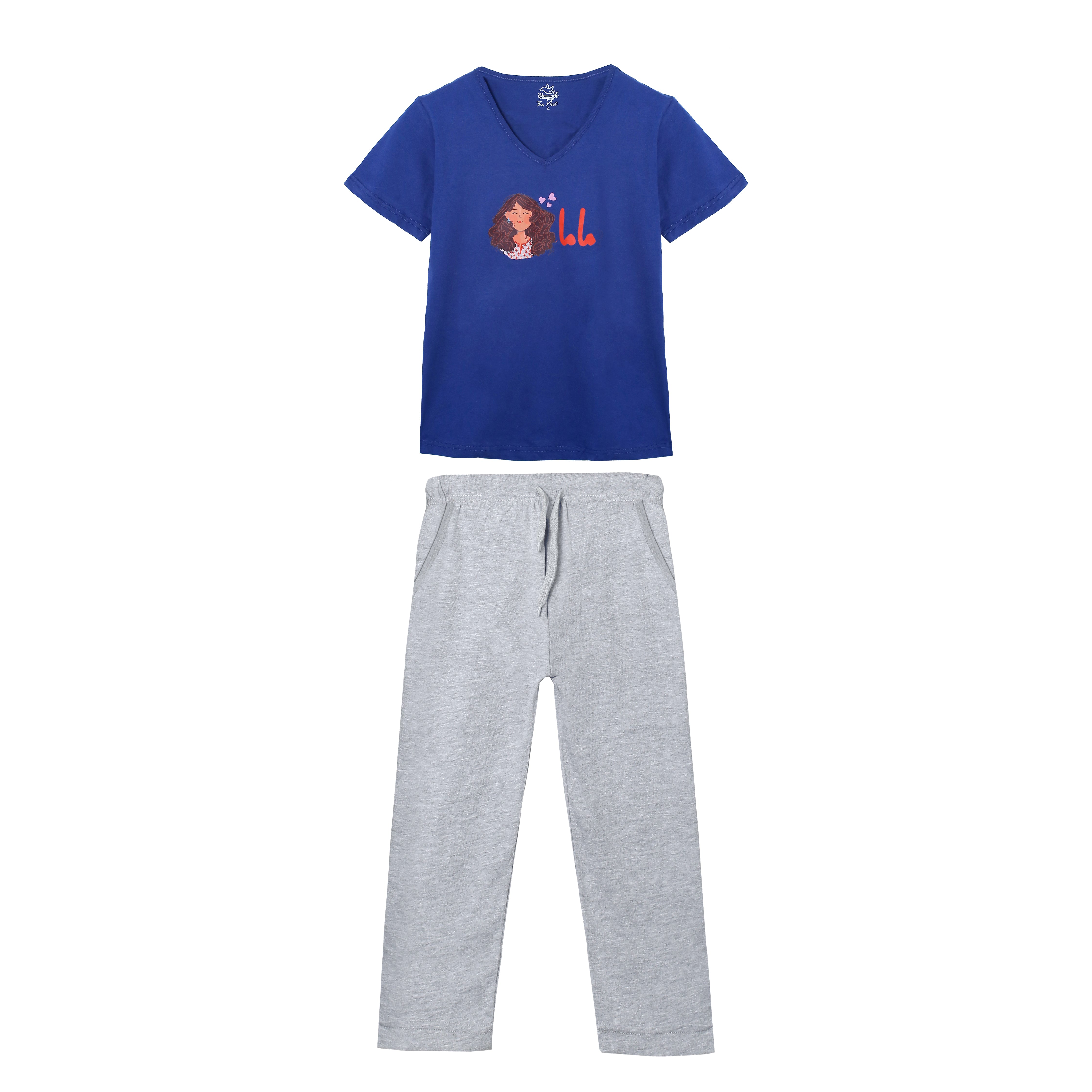 Women's Baba and Mama Navy and Grey Urdu Scribble and Animation Print T-Shirt & Trouser Set