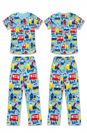 Kids Vibrant City Traffic Two-Piece Loungewear Set – Soft Cotton Short Sleeve Tee and Pants Daily Casual Wear