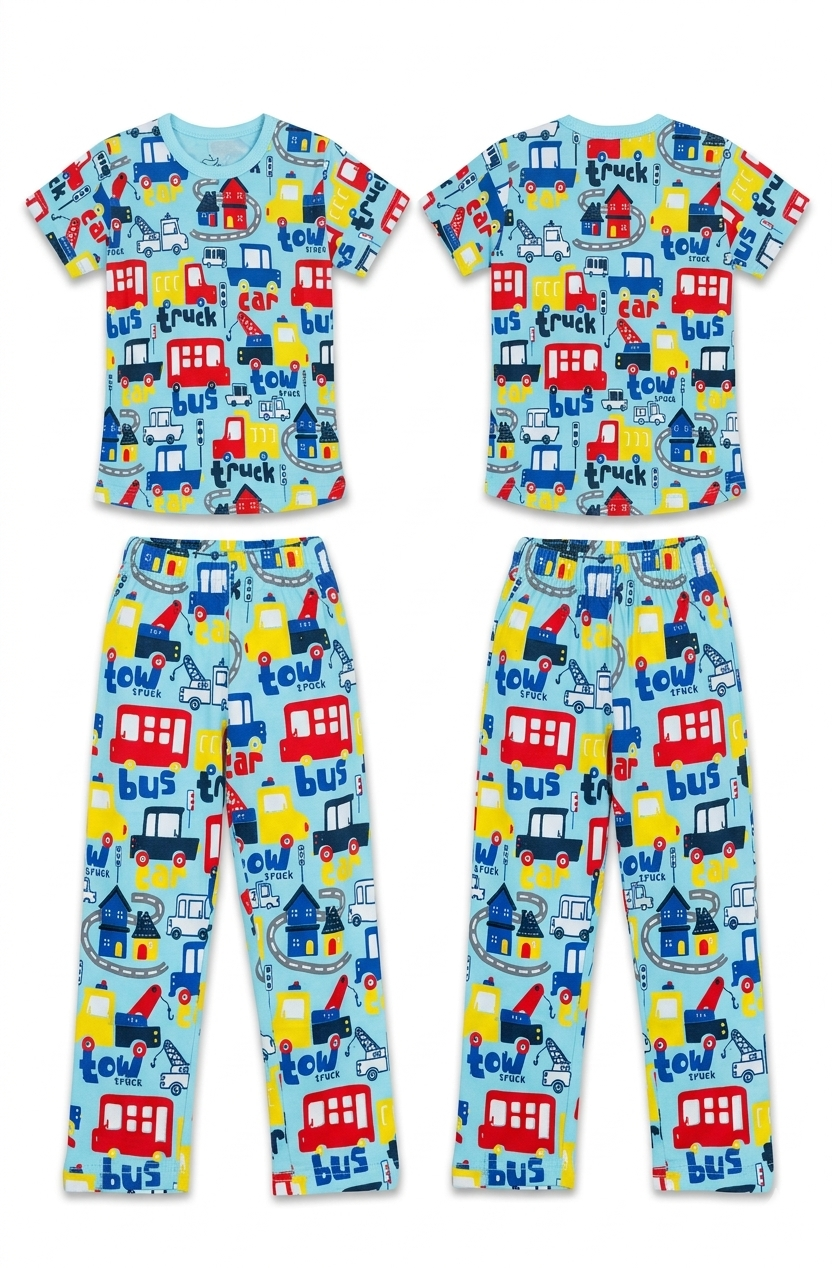 Kids Vibrant City Traffic Two-Piece Loungewear Set – Soft Cotton Short Sleeve Tee and Pants Daily Casual Wear