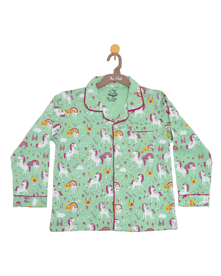 Generic Night Suit (Pipping) - F/Sleeve - 45s PC Interlock - Green Ash - UniCorn Print