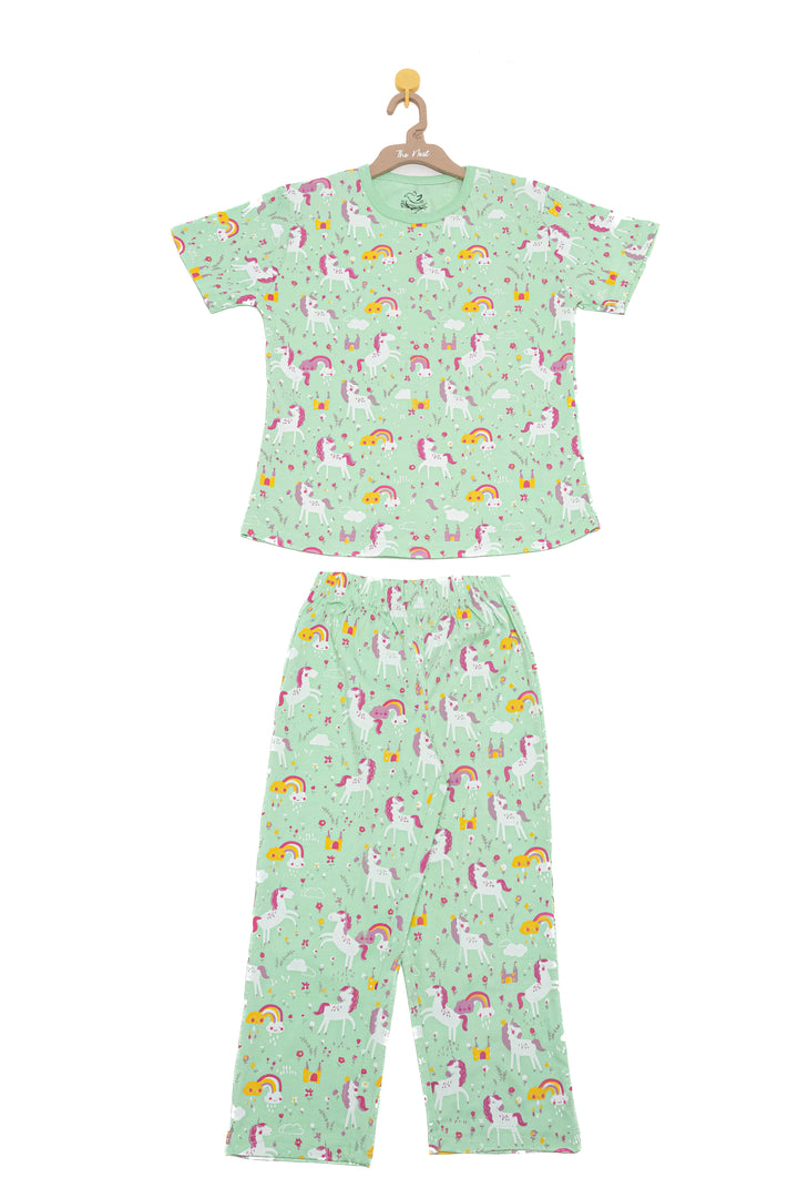 Generic Night Suit (Crew Neck) - S/Sleeve - 45s PC Interlock - Green Ash - UniCorn Print