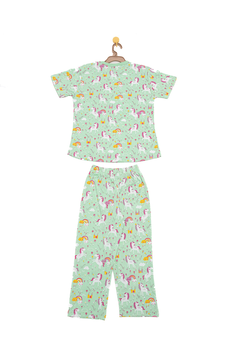 Generic Night Suit (Crew Neck) - S/Sleeve - 45s PC Interlock - Green Ash - UniCorn Print