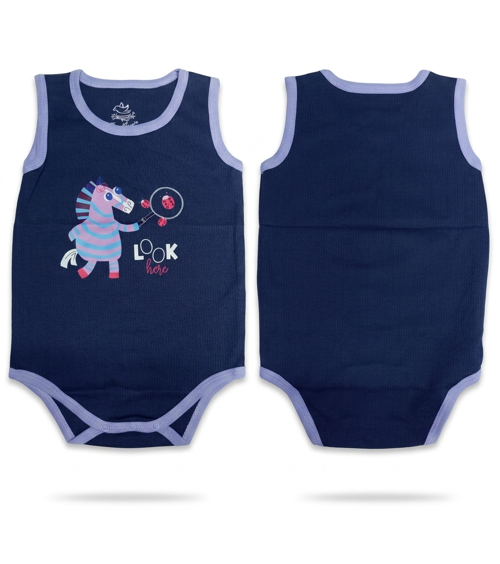 Premium Ribbed Cotton Baby Bodysuit – Sleeveless Playwear Romper with Cute Zebra Graphic