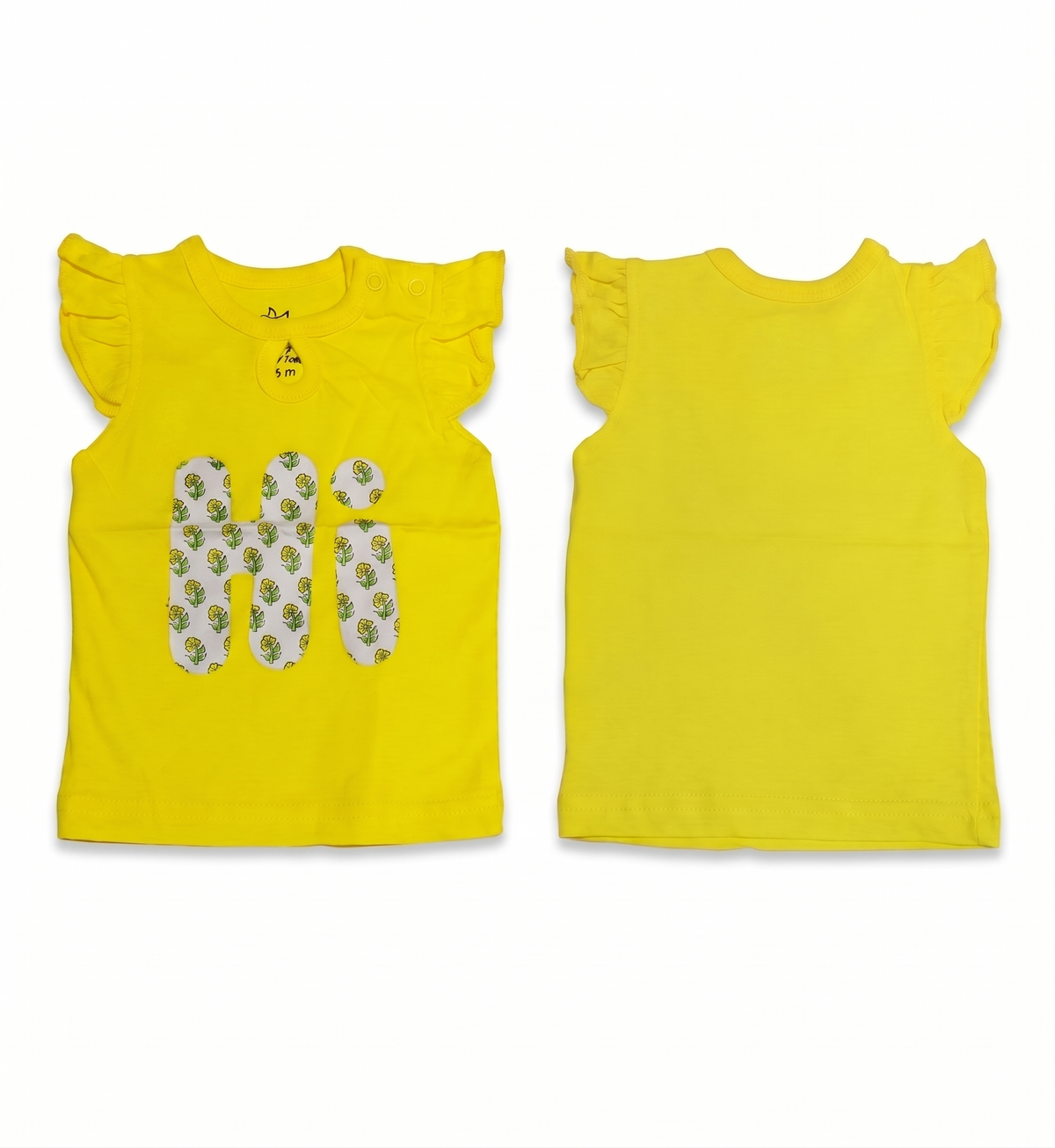 ibrant Yellow Baby Girls Flutter Sleeve T-Shirt – Cute Floral "Hi" Graphic Playwear Top