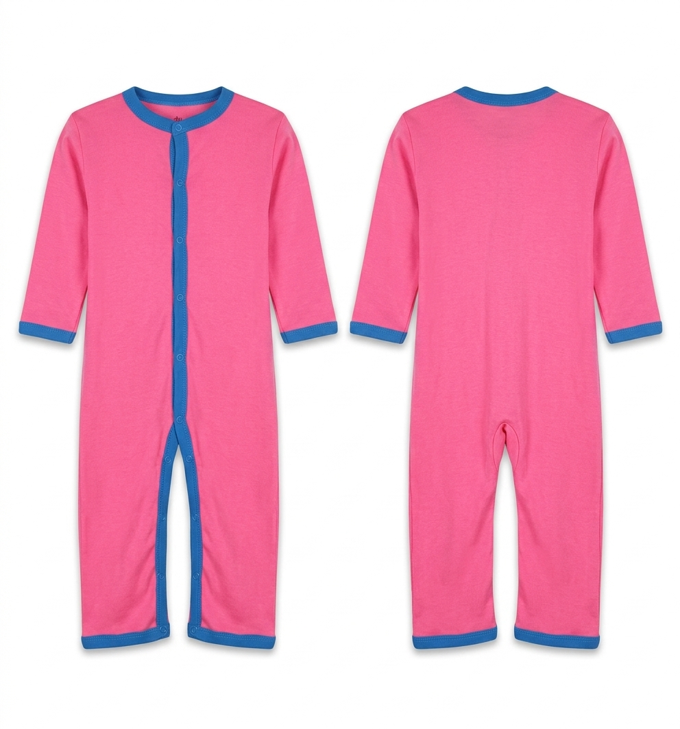 Premium Long Sleeve Cotton Baby SleepingSuit – Bright Pink and Blue Contrast Loungewear