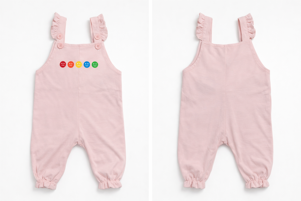 Premium Cotton Baby Girls Dungaree Romper – Light Pink Jumpsuit with Frill Straps and Emoji Graphic