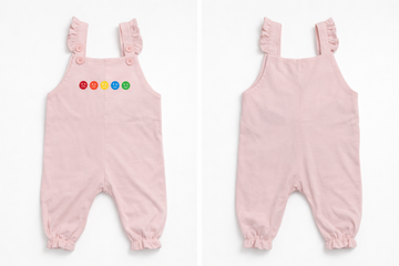 Premium Cotton Baby Girls Dungaree Romper – Light Pink Jumpsuit with Frill Straps and Emoji Graphic