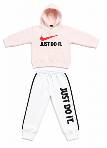 Pink & White Kids Fleece Tracksuit Set