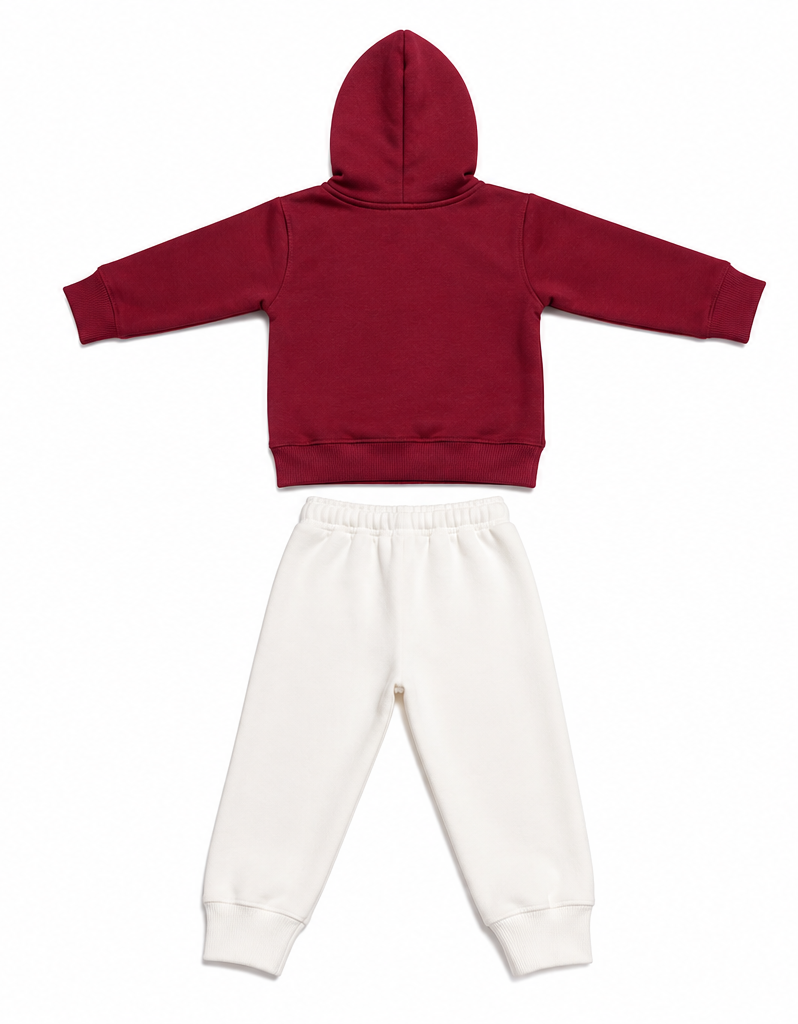 Maroon & Off White Kids Fleece Tracksuit Set