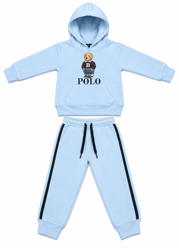 Light Blue Bear Print Kids Fleece Tracksuit Set