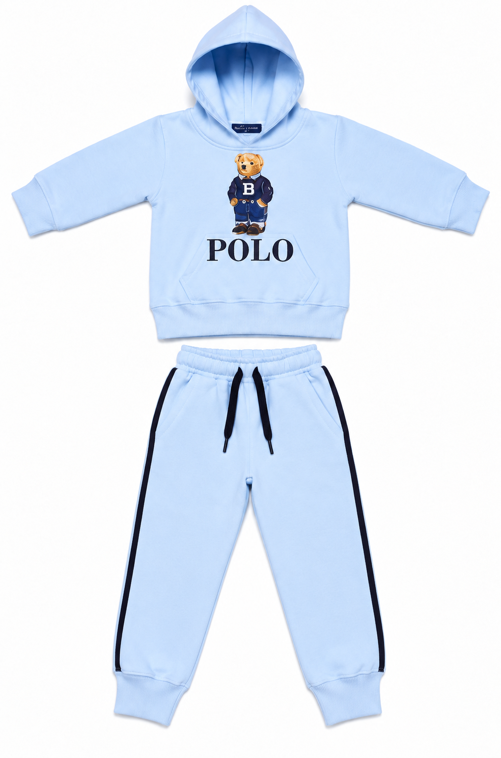 Light Blue Bear Print Kids Fleece Tracksuit Set