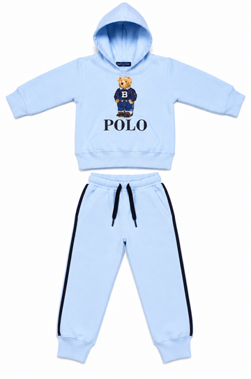 Light Blue Bear Print Kids Fleece Tracksuit Set