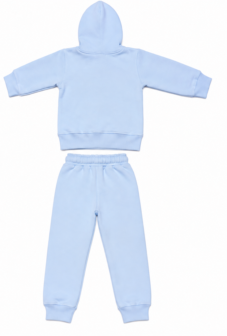 Light Blue Bear Print Kids Fleece Tracksuit Set