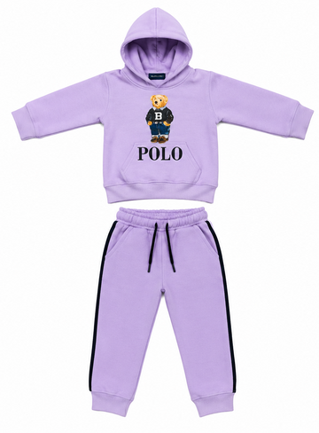 Lilac Bear Print Kids Fleece Tracksuit Set