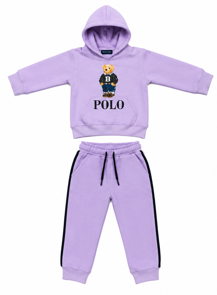 Lilac Bear Print Kids Fleece Tracksuit Set