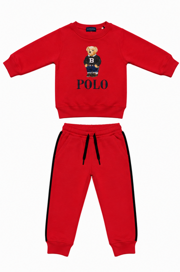 Red Bear Print Kids Fleece Sweatshirt & Trouser Set