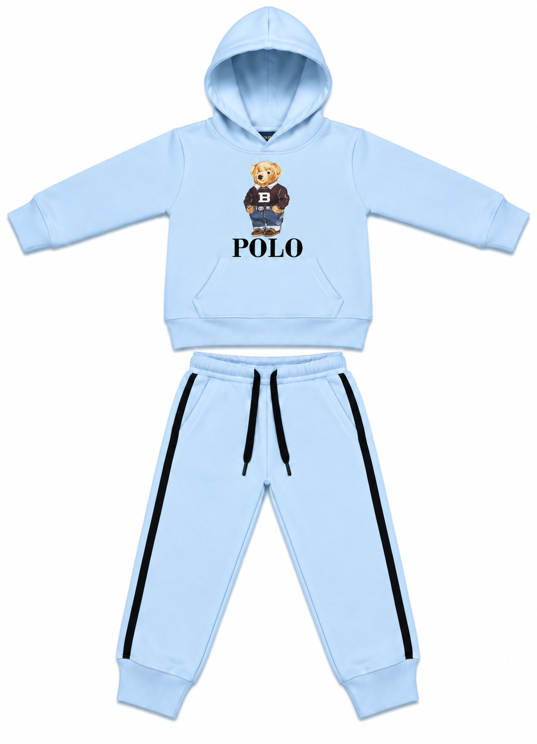 Light Blue Bear Print Kids Fleece Tracksuit Set