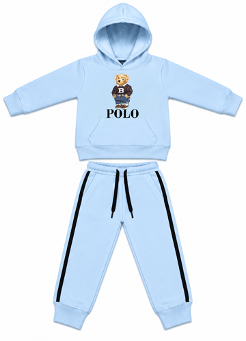 Light Blue Bear Print Kids Fleece Tracksuit Set