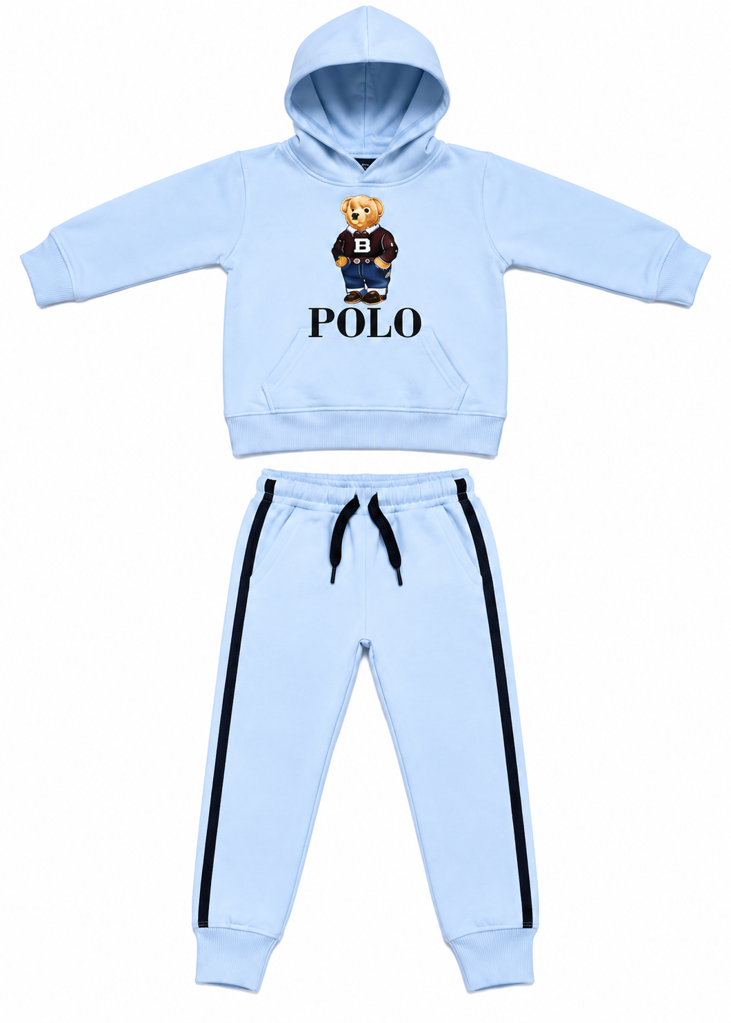 Light Blue Bear Print Kids Fleece Tracksuit Set