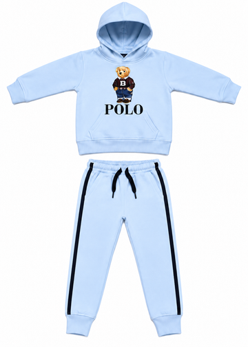 Light Blue Bear Print Kids Fleece Tracksuit Set