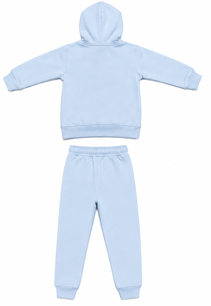 Light Blue Bear Print Kids Fleece Tracksuit Set