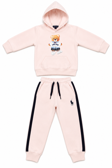 Baby Pink Bear Graphic Kids Fleece Tracksuit Set