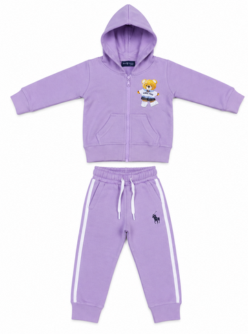Lilac Bear Graphic Kids Fleece Zipper Tracksuit Set
