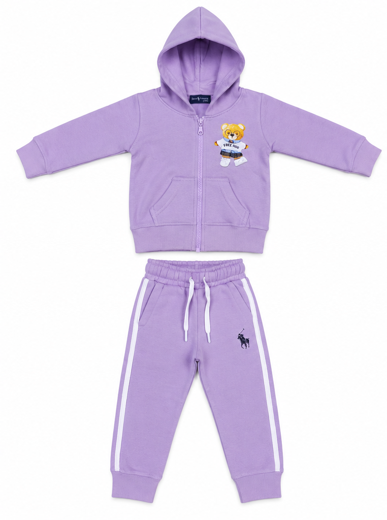 Lilac Bear Graphic Kids Fleece Zipper Tracksuit Set