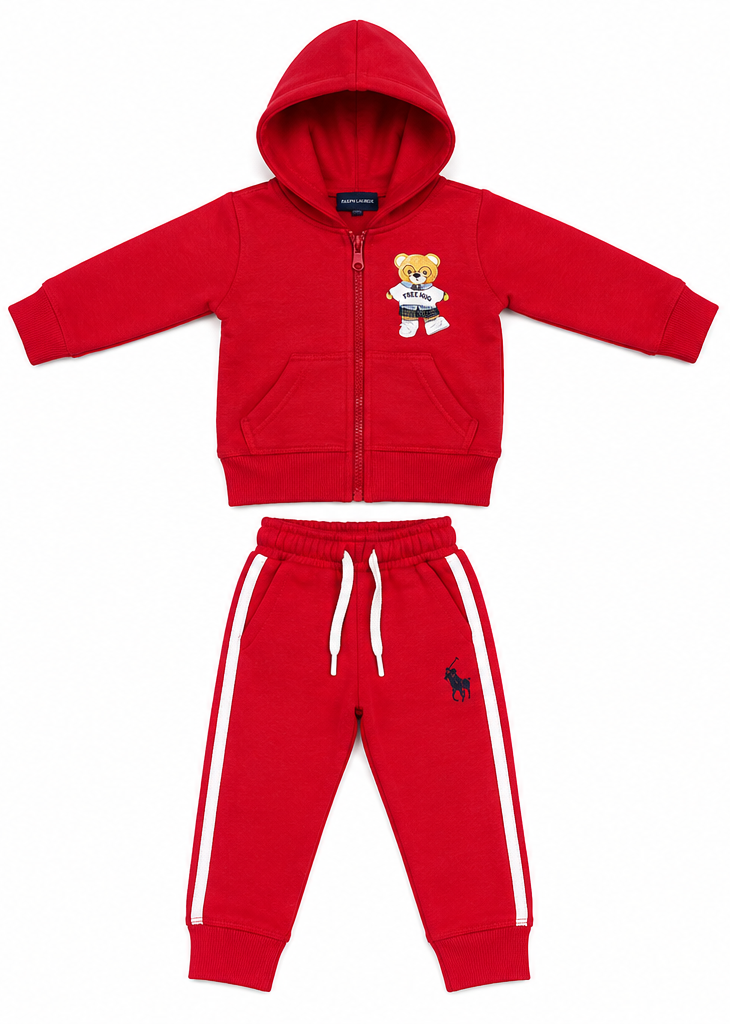 Red Bear Graphic Kids Fleece Zipper Tracksuit Set