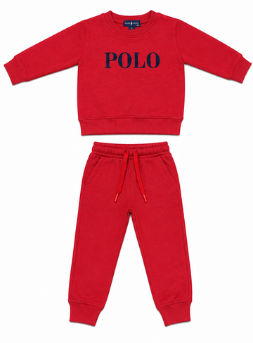 Red POLO Printed Kids Fleece Tracksuit Set