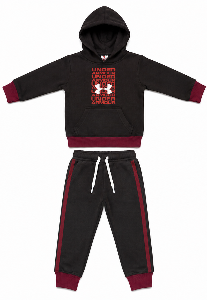 Black & Maroon Graphic Kids Fleece Tracksuit Set