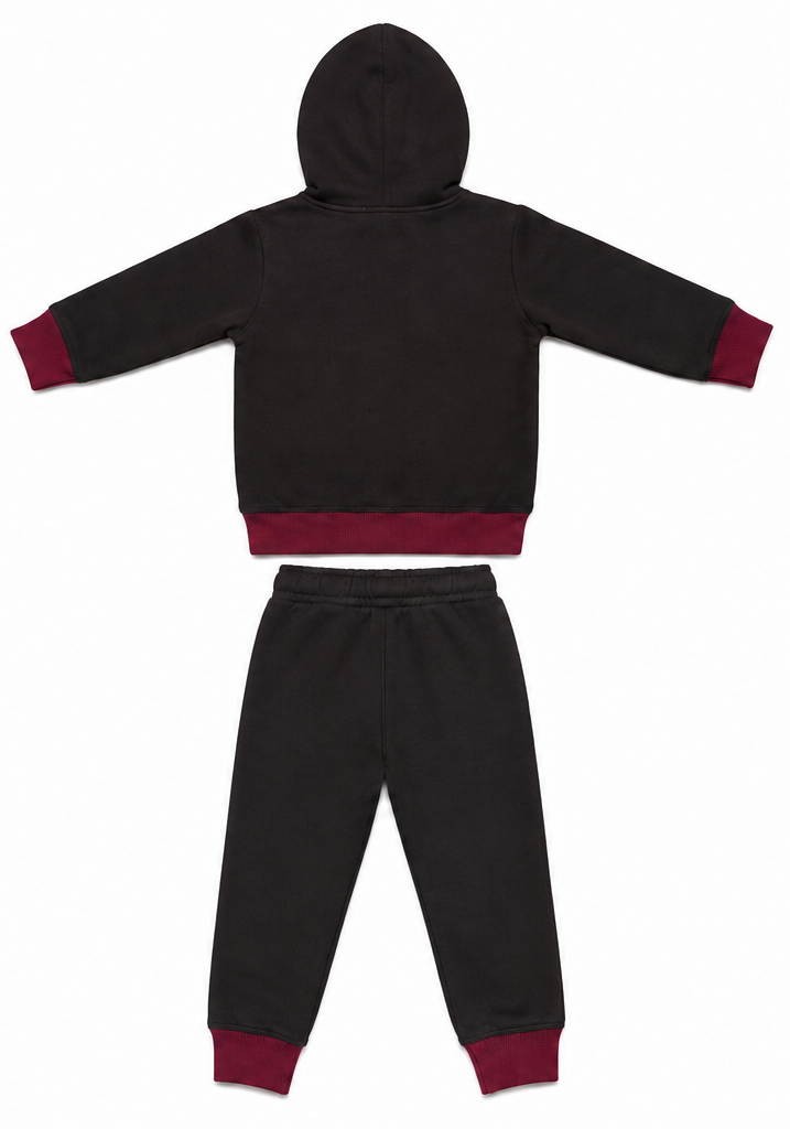 Black & Maroon Graphic Kids Fleece Tracksuit Set
