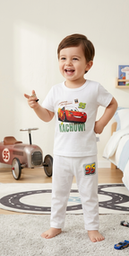 Kids White Cars Graphic 2 Piece Suit – Soft Breathable Jersey T-Shirt & Pajama Set